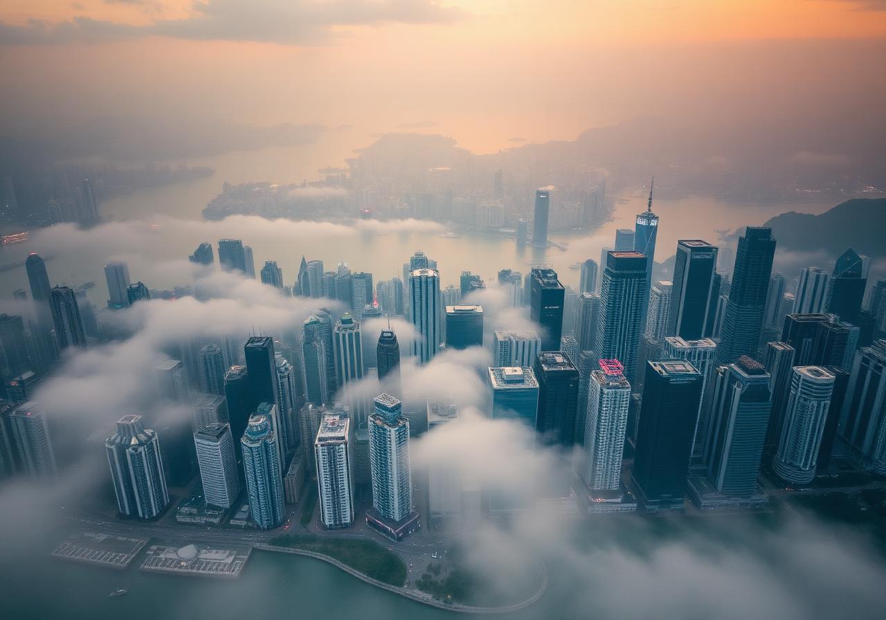 Hong Kong skyline at dawn over Victoria Harbour